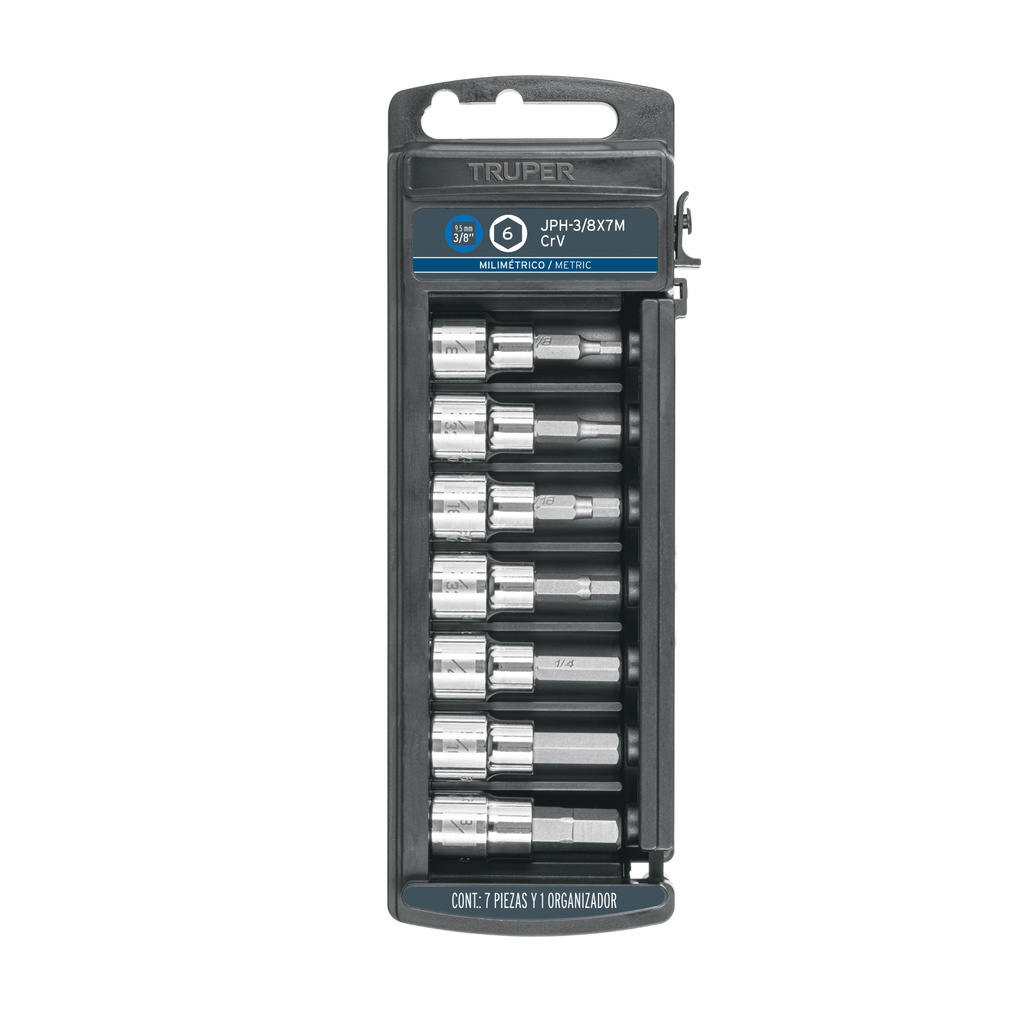 Juego de 7 dados cuadro 3/8' punta hexagonal mm, TRUPER