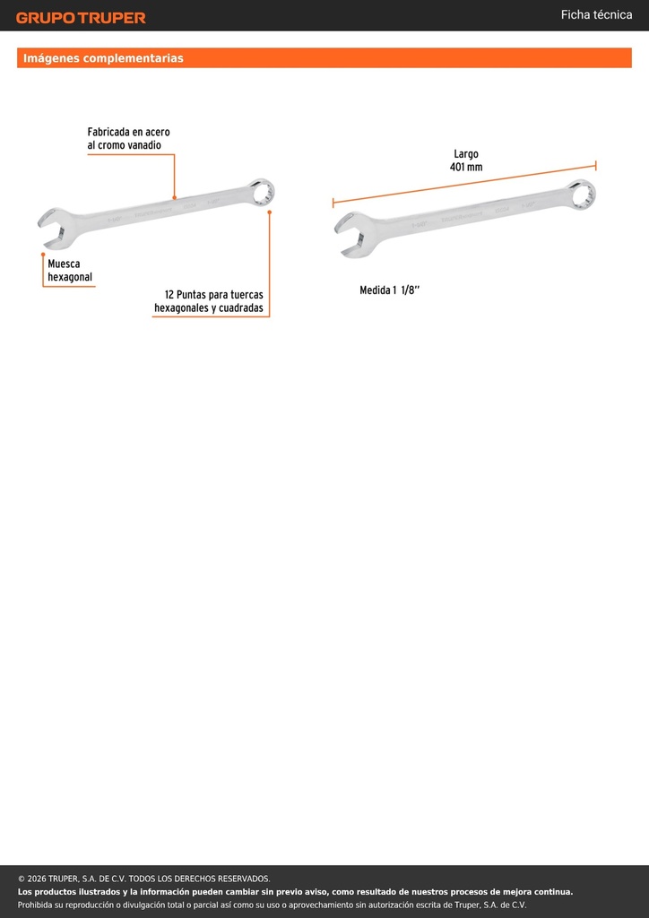 Llave combinada extralarga 1-1/8' x 401 mm de largo, EXPERT