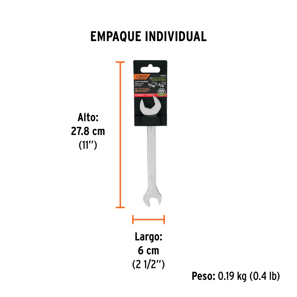 Llave española, 11/16 x 3/4' x 220 mm de largo, EXPERT