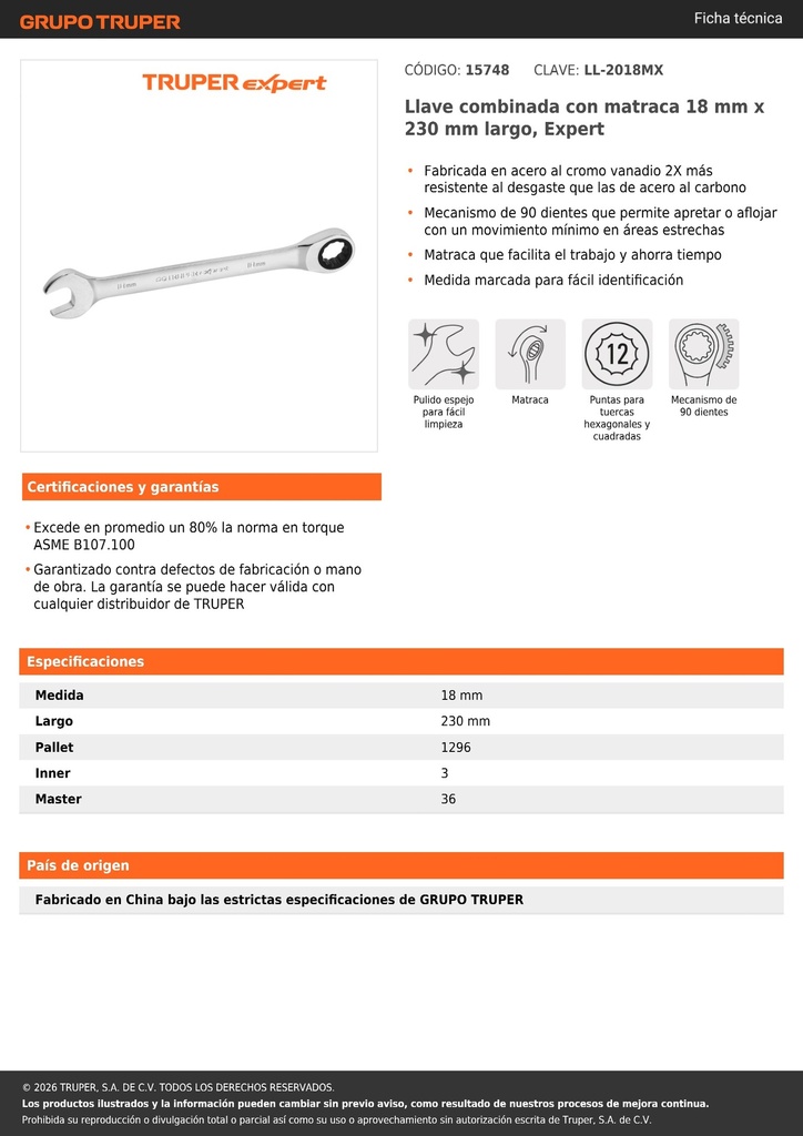 Llave combinada con matraca 18 mm x 230 mm largo, EXPERT