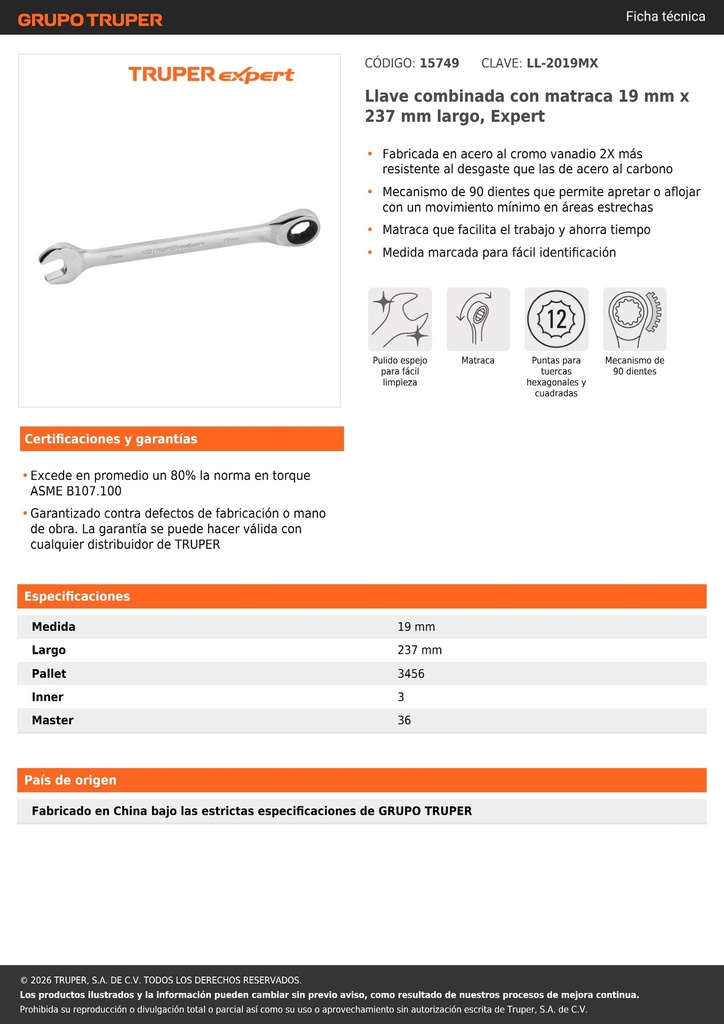 Llave combinada con matraca 19 mm x 237 mm largo, EXPERT