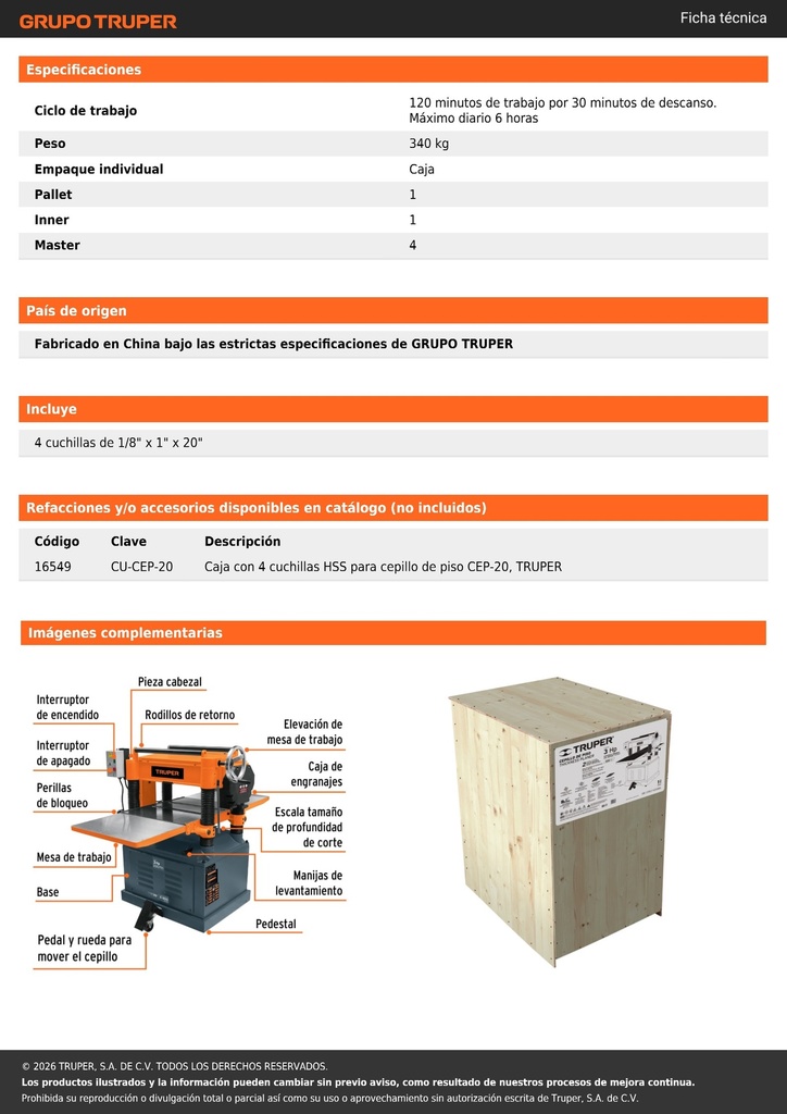 Cepillo de piso 20', 3 HP (2250 W), TRUPER