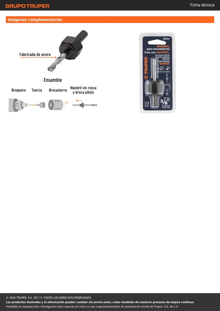 Mandril para brocasierra diamante sin rosca 3/8', TRUPER
