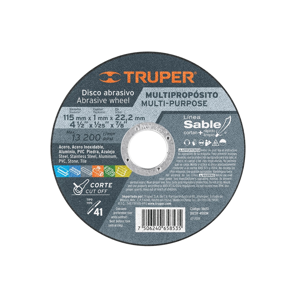 Disco Tipo 41 de 4-1/2' x 1 mm corte multimaterial, Sable