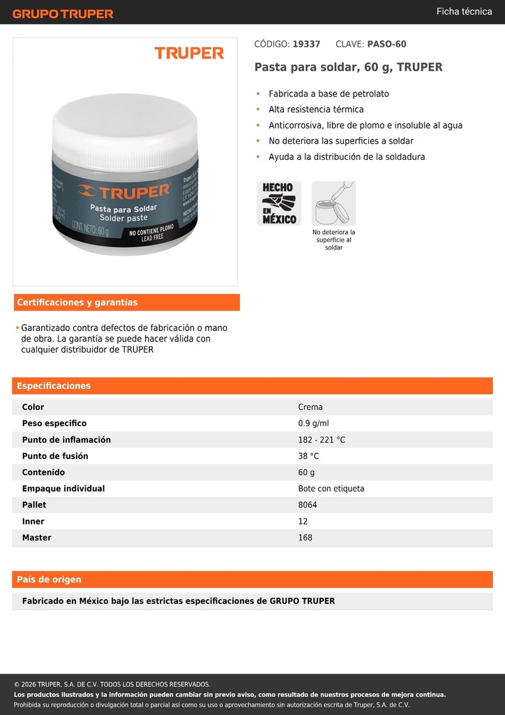 Pasta para soldar, 60 g, TRUPER