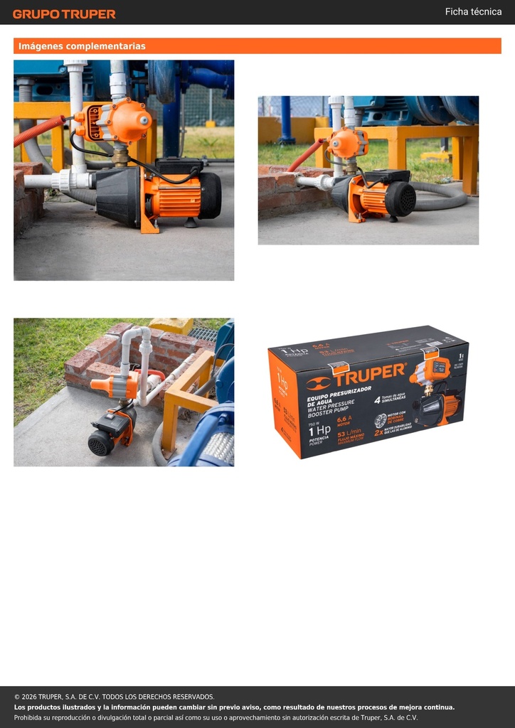 Bomba presurizadora jet hierro 1 HP con control, TRUPER