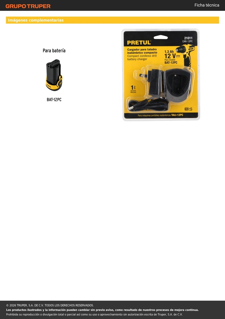Cargador baterías de ion litio 12V, para TALI-12PC, PRETUL