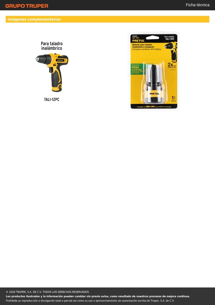 Batería ion litio, 12V, para taladro TALI-12PC, PRETUL