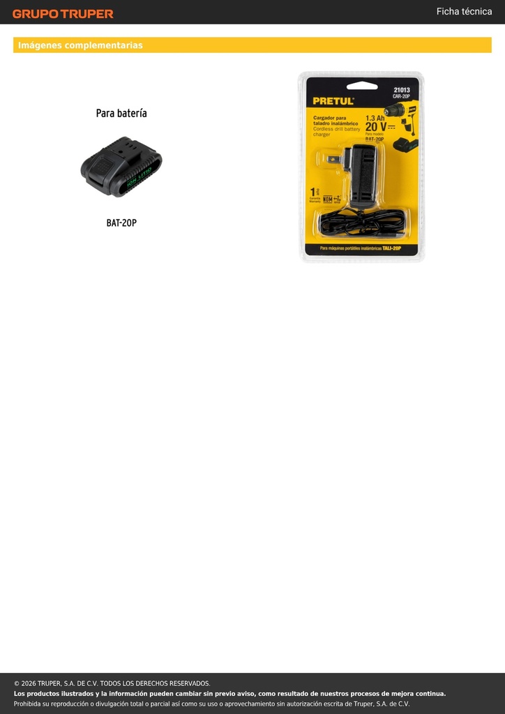 Cargador baterías de ion litio 20V, para TALI-20P, PRETUL