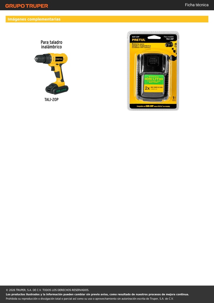 Batería ion litio, 20V, para taladro TALI-20P, PRETUL