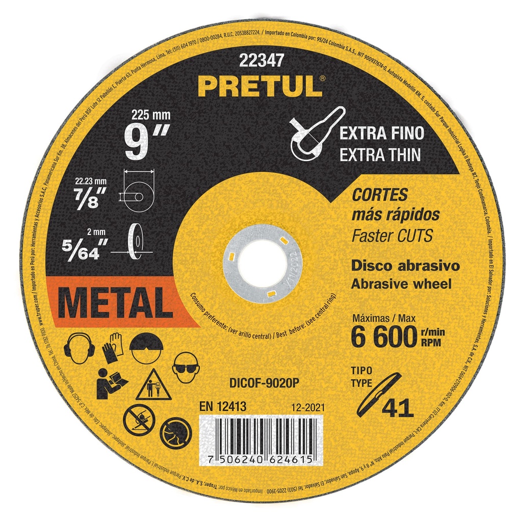 Disco Tipo 41 de 9' x 2 mm corte fino de metal, PRETUL