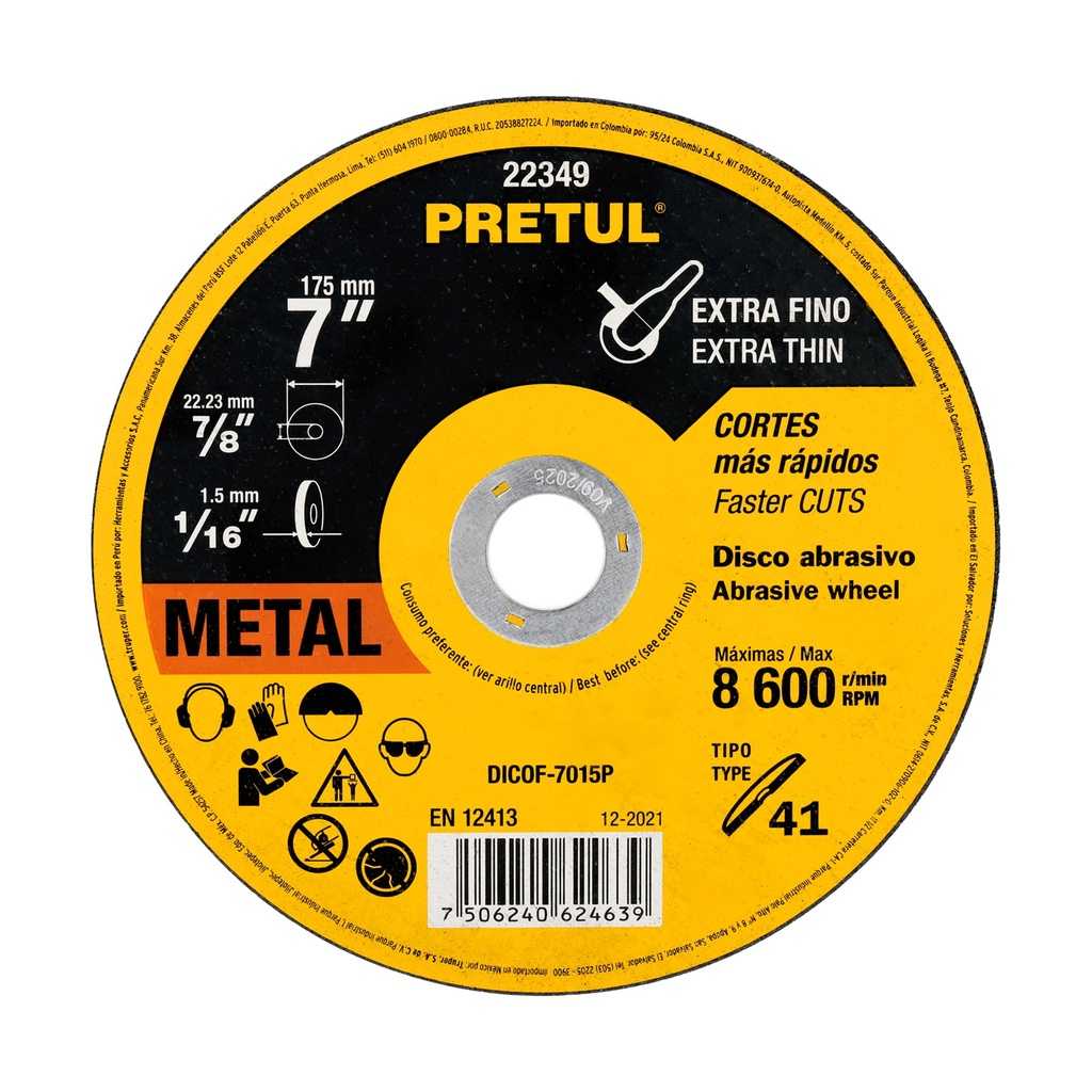 Disco Tipo 41 de 7' x 1.5 mm corte fino de metal, PRETUL