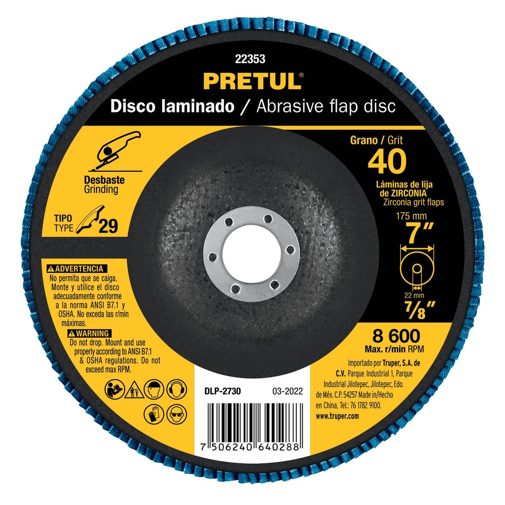 Disco laminado 7', grano 40 centro 7/8', fibra, PRETUL