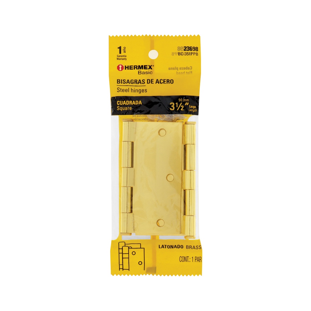 Bolsa c/2 bisagras cuadradas 3-1/2',latonado, HERMEX BASIC