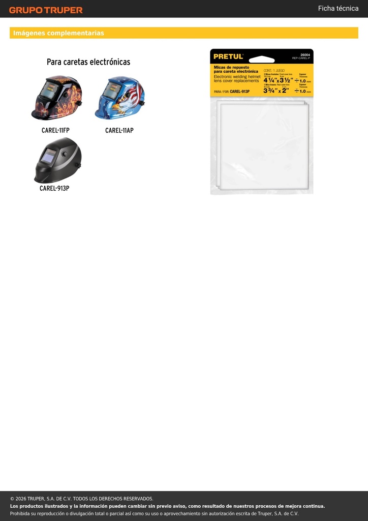 Bolsa con 3 micas para careta CAREL-11FP, 11AP, 913P, PRETUL