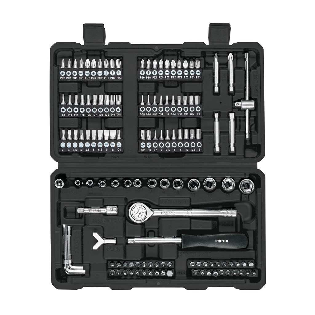 Juego de 130 herramientas 1/4' para mecánico, PRETUL