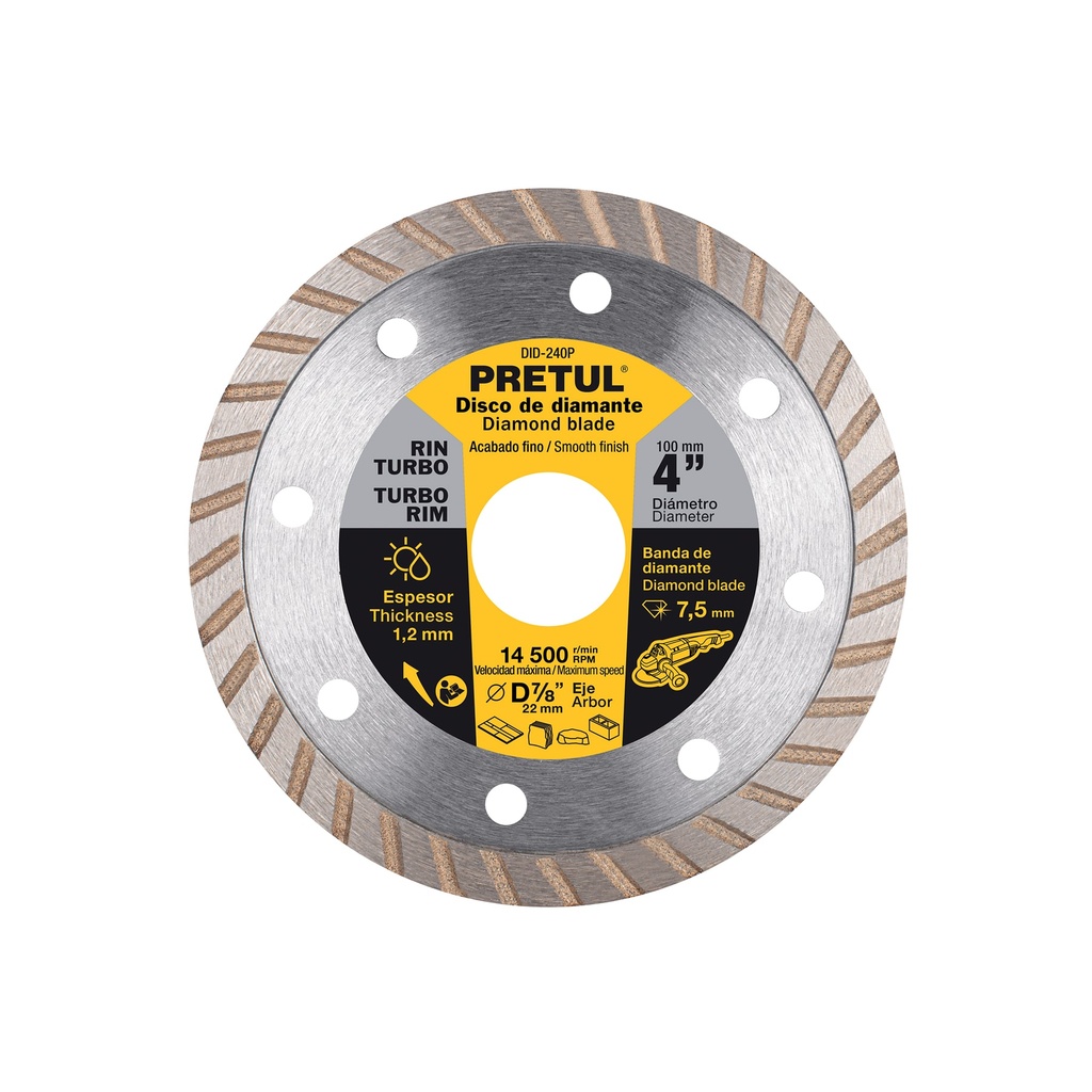 Disco de diamante de 4' x 1.2 mm, rin turbo, PRETUL