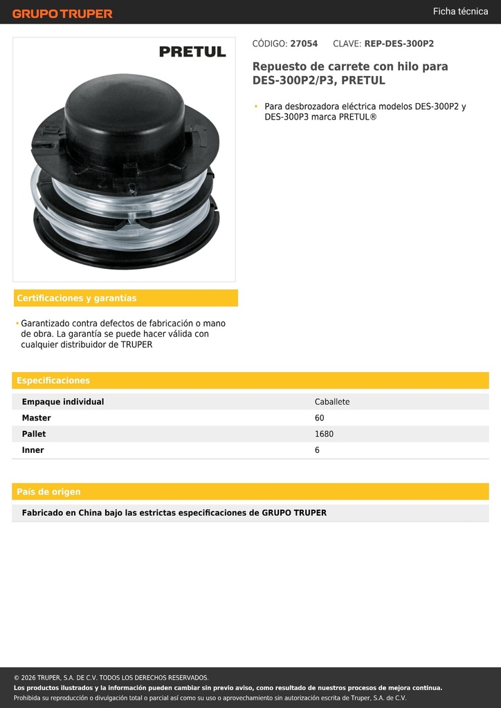 Repuesto de carrete con hilo para DES-300P2/P3, PRETUL