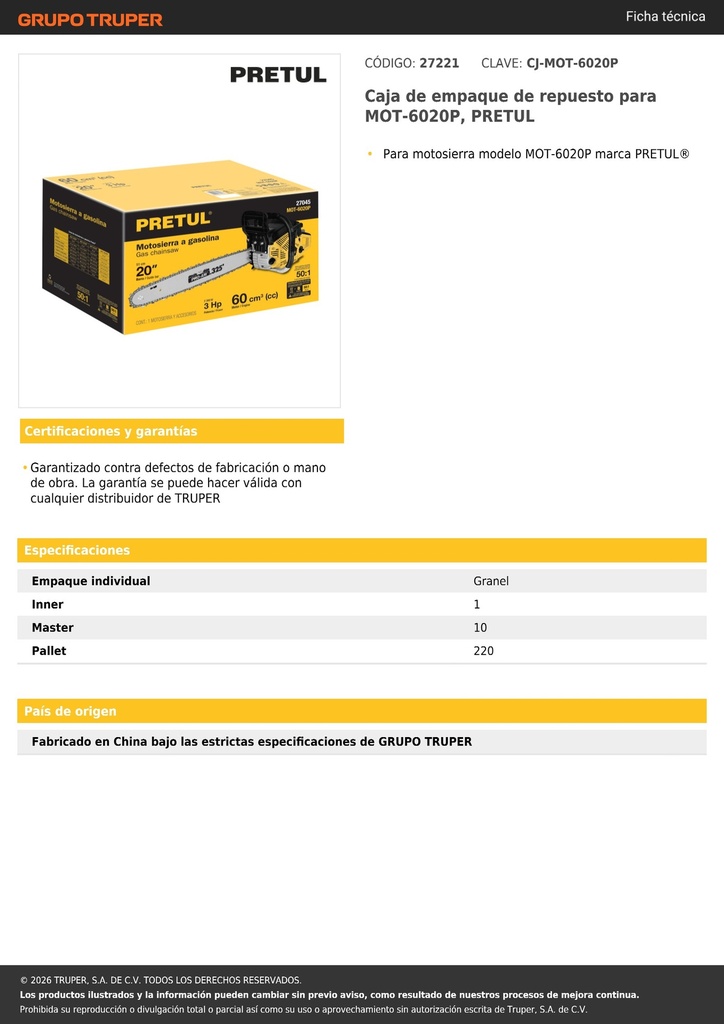 Caja de empaque de repuesto para MOT-6020P, PRETUL