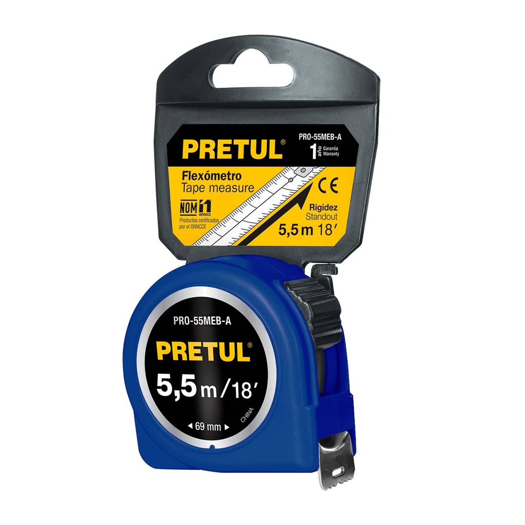 Flexómetro azul 5.5 m cinta 25 mm, en tarjeta, PRETUL