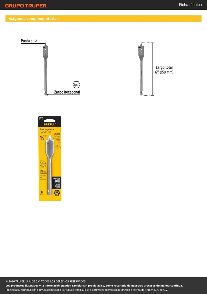 Broca plana de manita 5/8' para madera, PRETUL