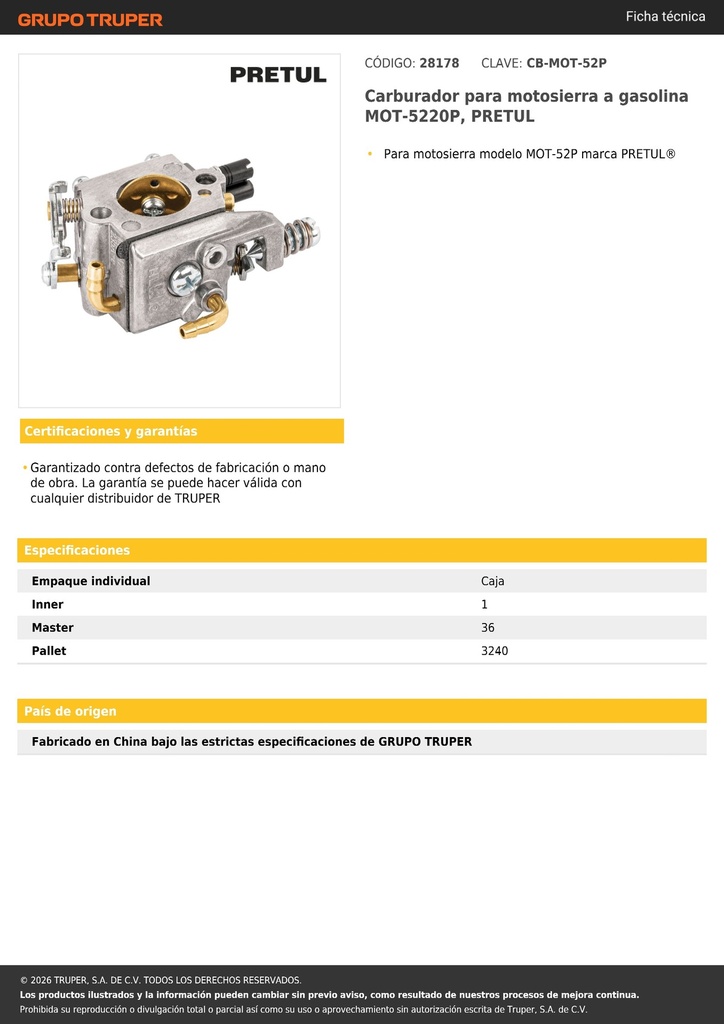 Carburador para motosierra a gasolina MOT-5220P, PRETUL