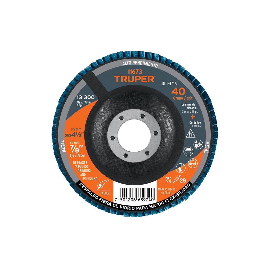 Disco laminado 4-1/2', grano 40 centro 7/8', fibra, TRUPER