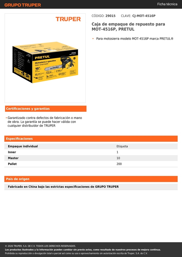 Caja de empaque de repuesto para MOT-4516P, PRETUL