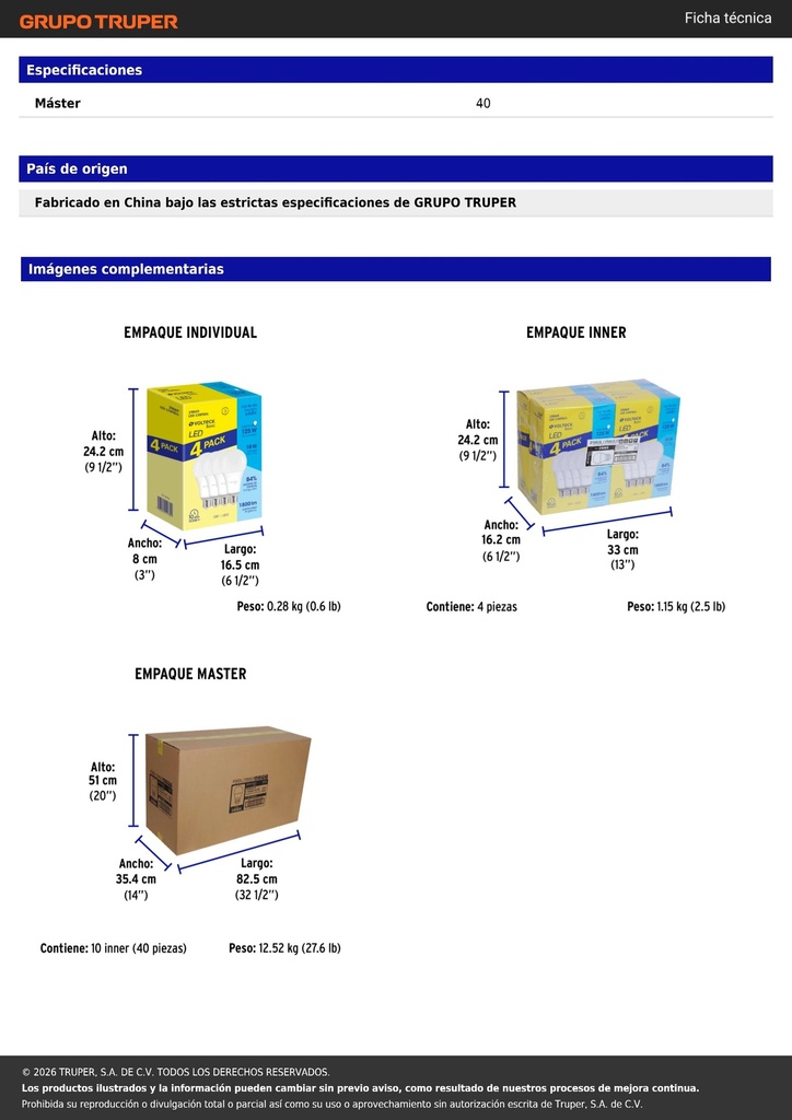 Pack 4 focos LED 18W (125W) A25, 6500K fría, 1800 lm, BASIC