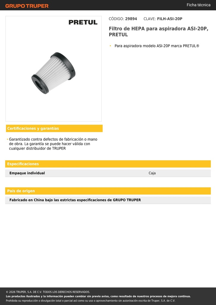 Filtro de HEPA para aspiradora ASI-20P, PRETUL