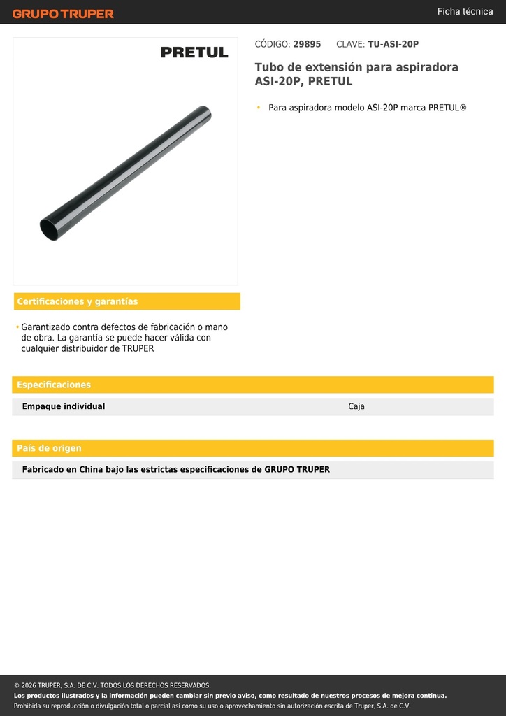 Tubo de extensión para aspiradora ASI-20P, PRETUL
