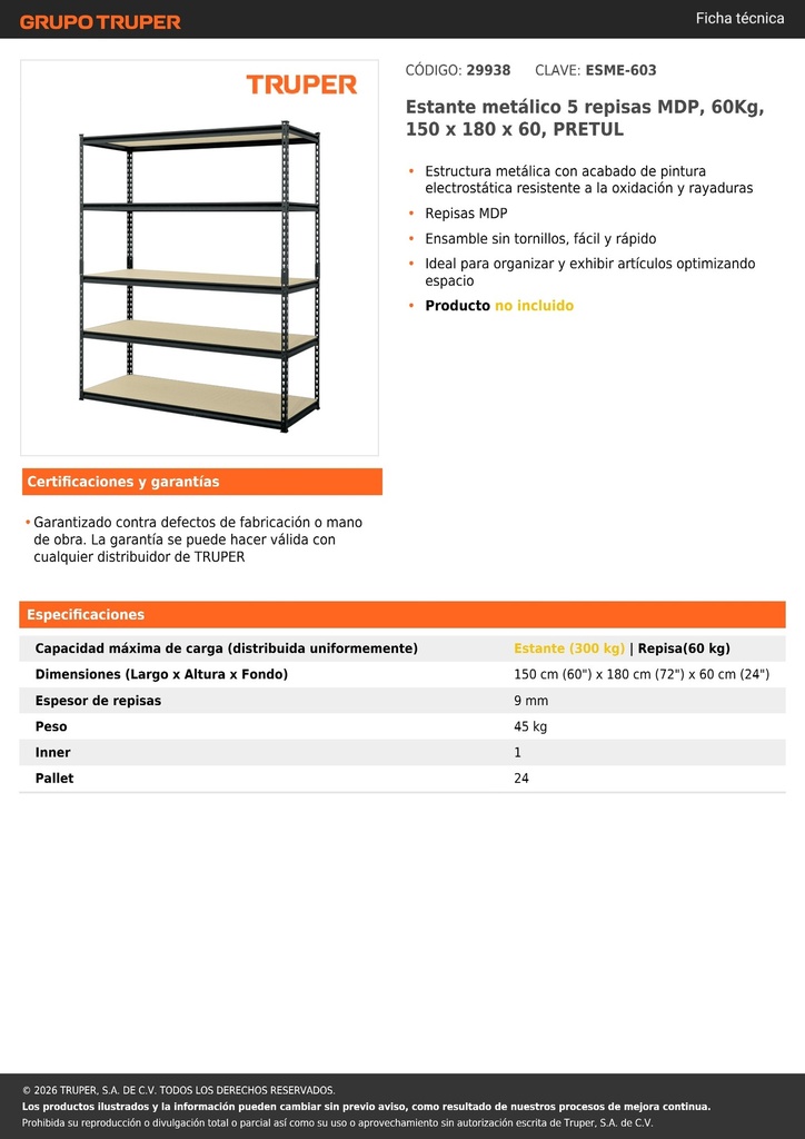 Estante metálico 5 repisas MDP, 60Kg, 150 x 180 x 60, PRETUL