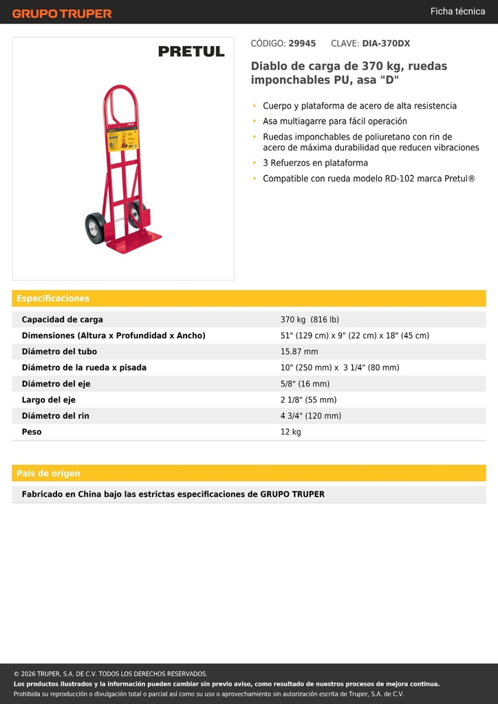 Diablo de carga de 370 kg, ruedas imponchables PU, asa 'D'