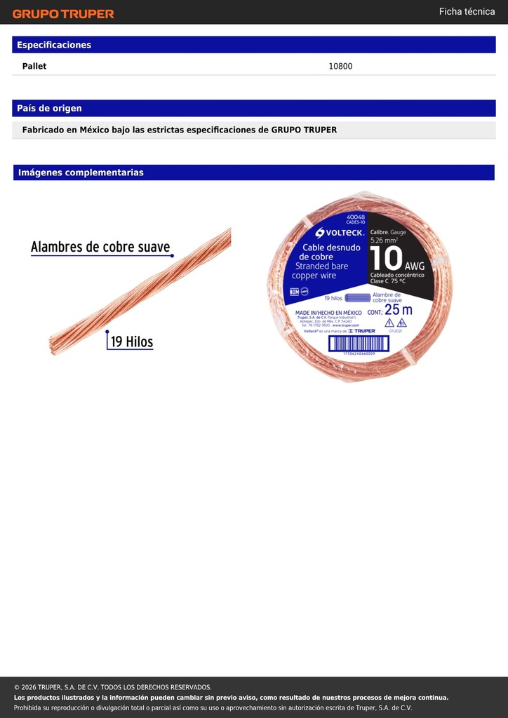 Metro de cable desnudo de cobre calibre 10 AWG, rollo 25 m