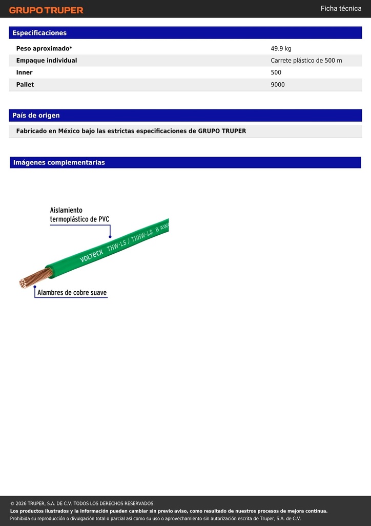 Metro de cable THHW-LS 8 AWG verde en carrete de 500 m