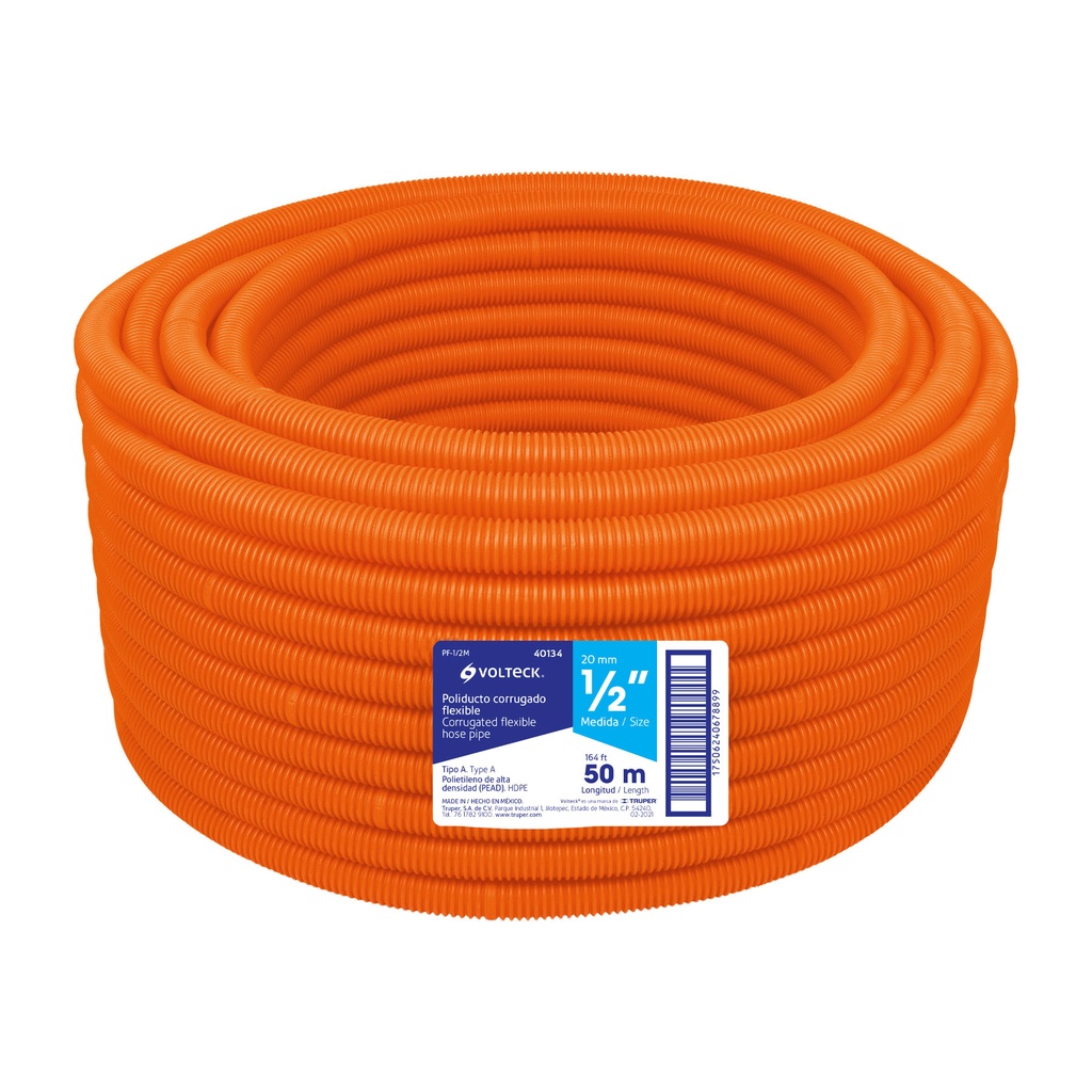 Metro de poliducto 1/2' corrugado flex. s/guía, rollo 50 m