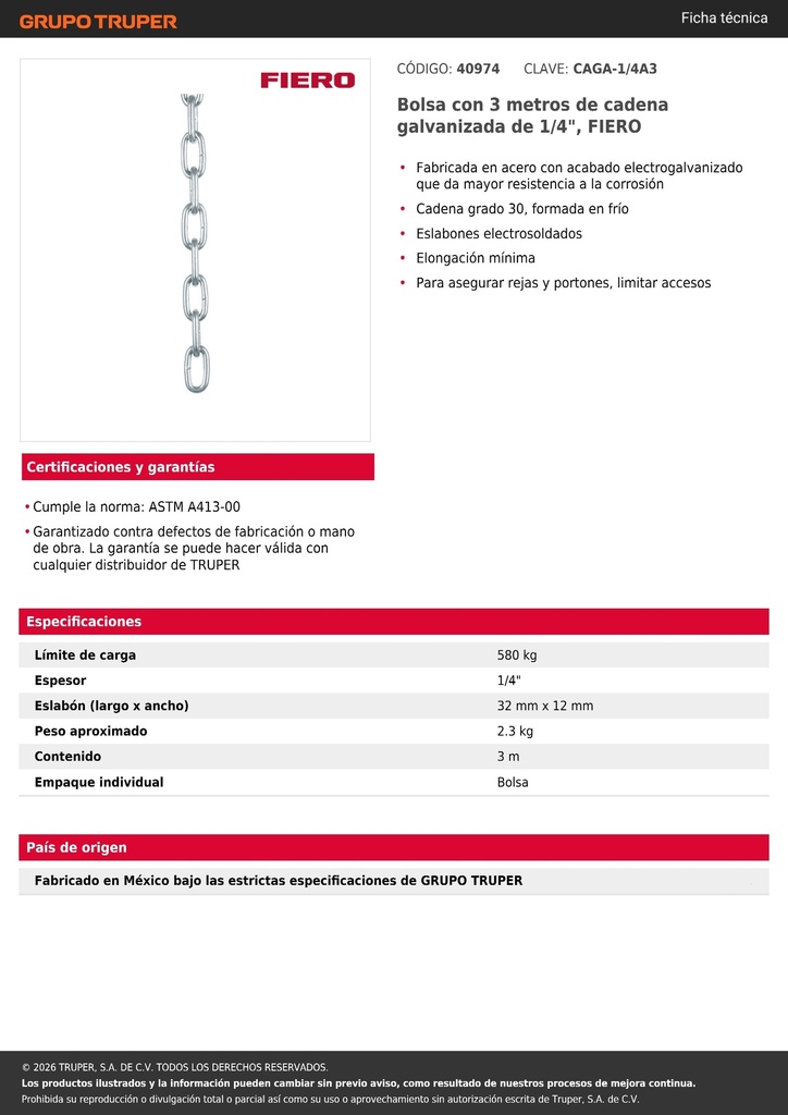 Bolsa con 3 metros de cadena galvanizada de 1/4', FIERO