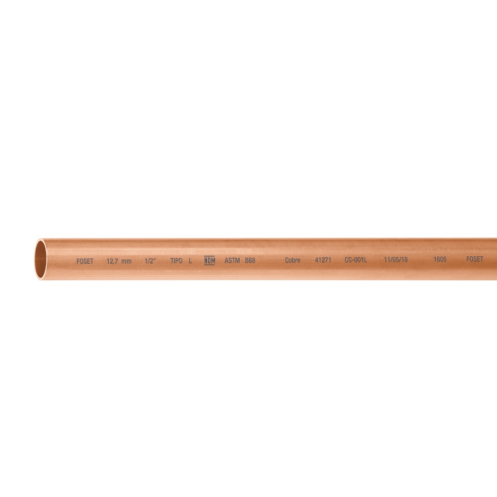 Tubo rígido de cobre 1/2' tipo 'L', 3m, 1.2kg, FOSET