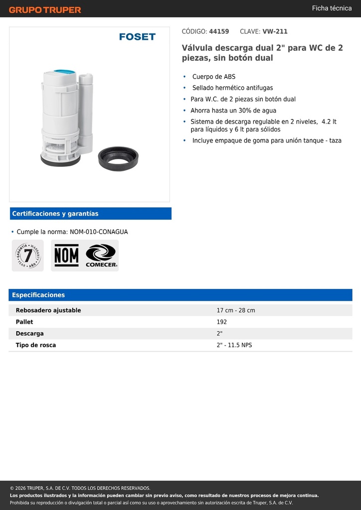 Válvula descarga dual 2' para WC de 2 piezas, sin botón dual