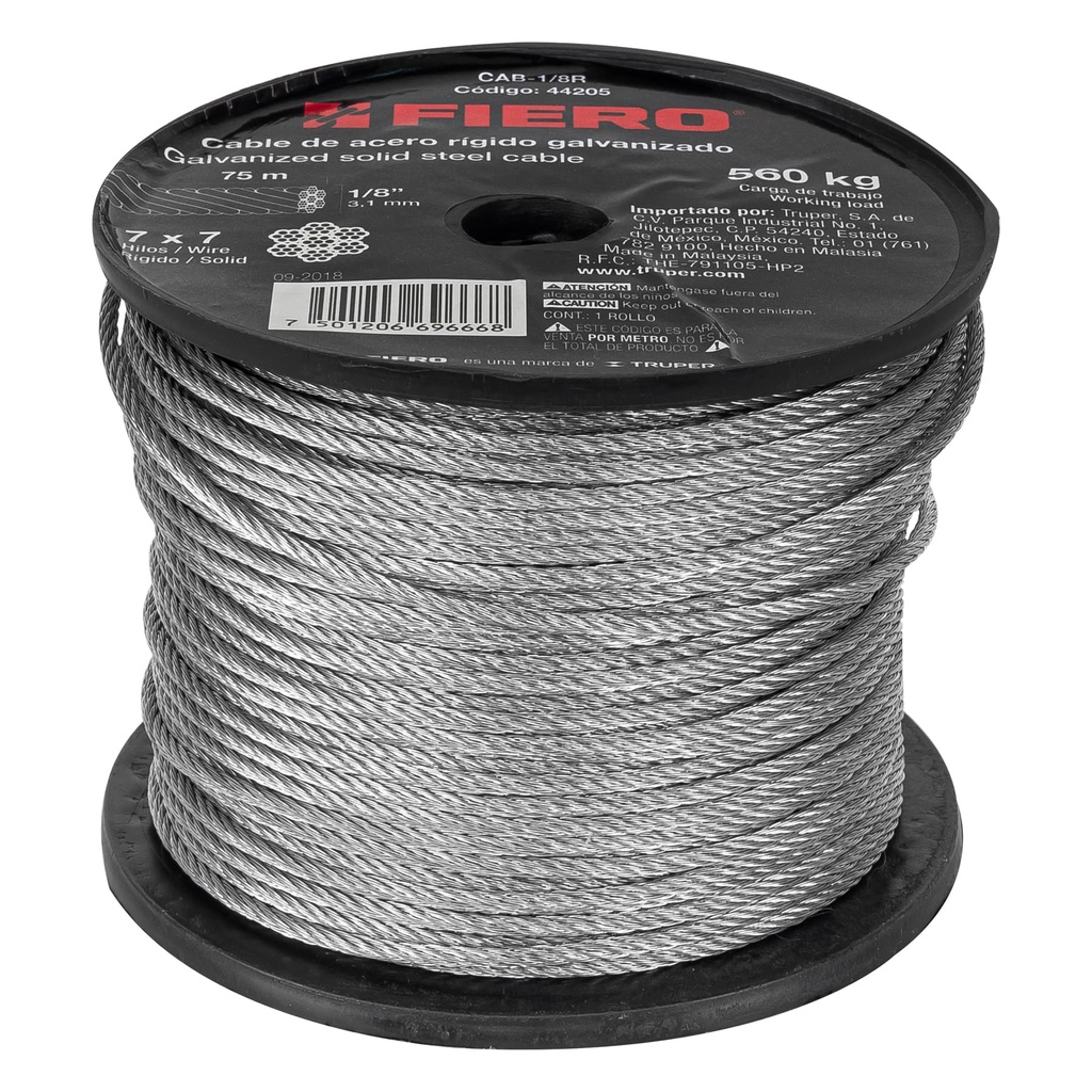 Metro de cable rígido 1/8' de acero 7x7 hilos, 75 m, FIERO