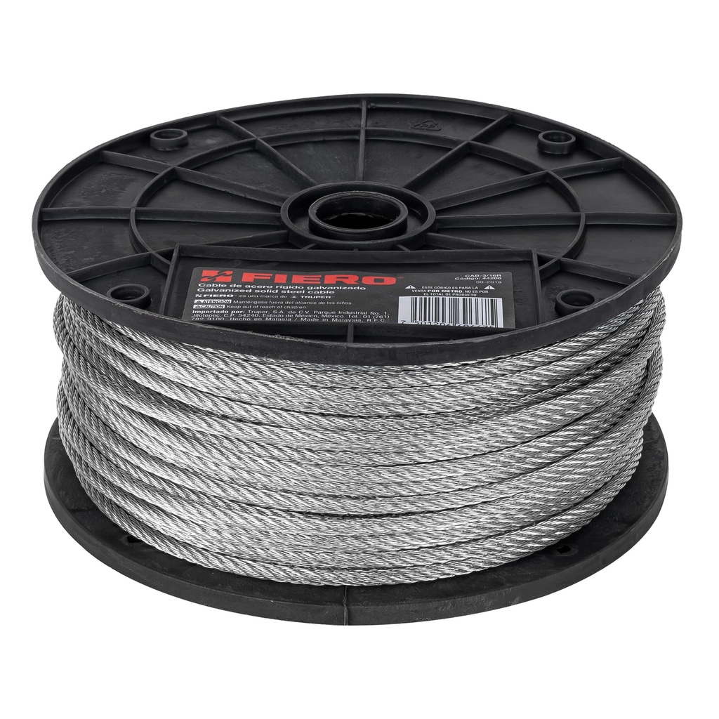 Metro de cable rígido 3/16' de acero 7x7 hilos, 75 m, FIERO