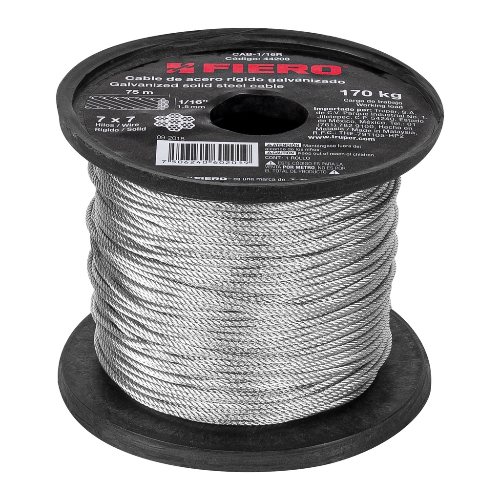 Metro de cable rígido 1/16' de acero 7x7 hilos, 75 m, FIERO