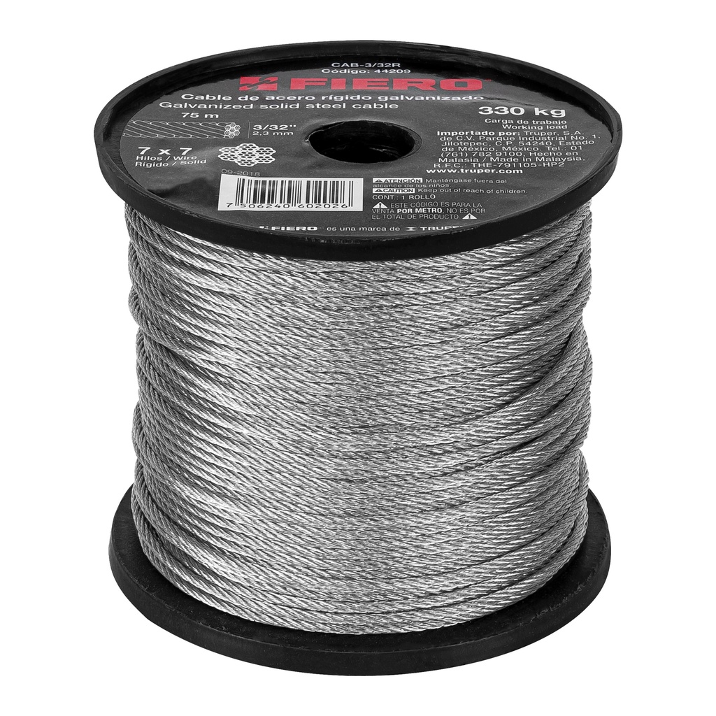 Metro de cable rígido 3/32' de acero 7x7 hilos, 75 m, FIERO