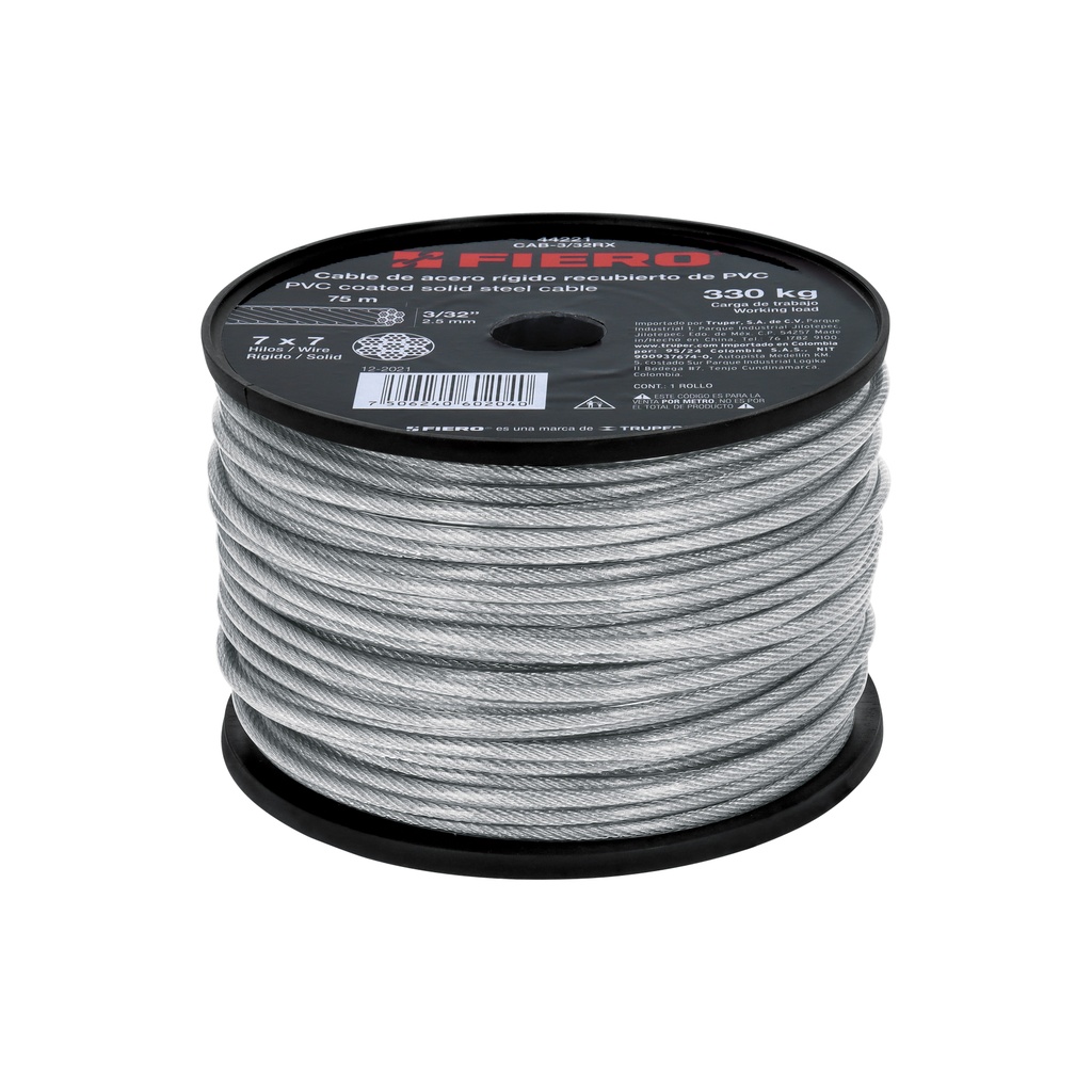 Metro de cable rígido 3/32' acero 7x7 recubierto PVC, 75 m