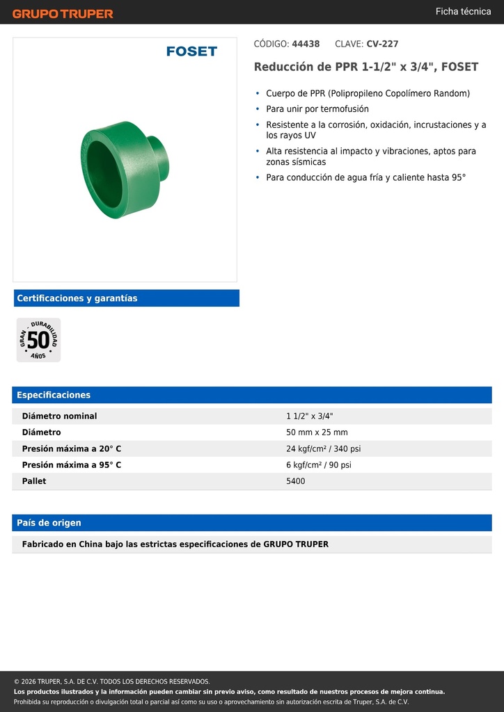 Reducción de PPR 1-1/2' x 3/4', FOSET
