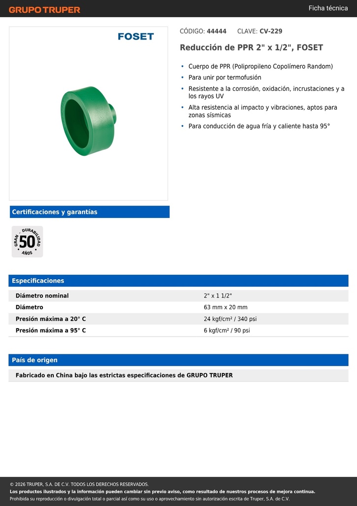 Reducción de PPR 2' x 1/2', FOSET