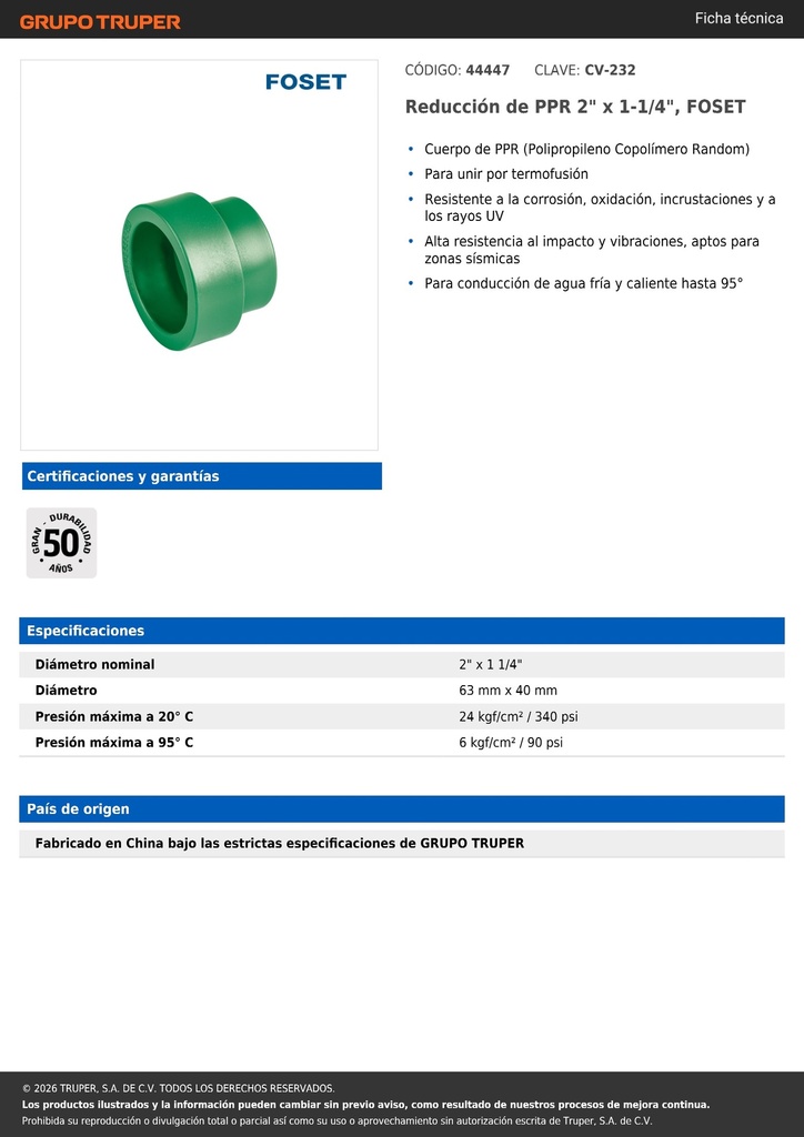 Reducción de PPR 2' x 1-1/4', FOSET