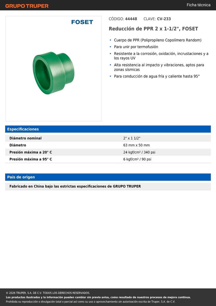 Reducción de PPR 2 x 1-1/2', FOSET