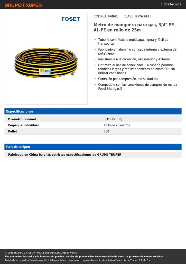 Metro de manguera para gas, 3/4' PE-AL-PE en rollo de 25m
