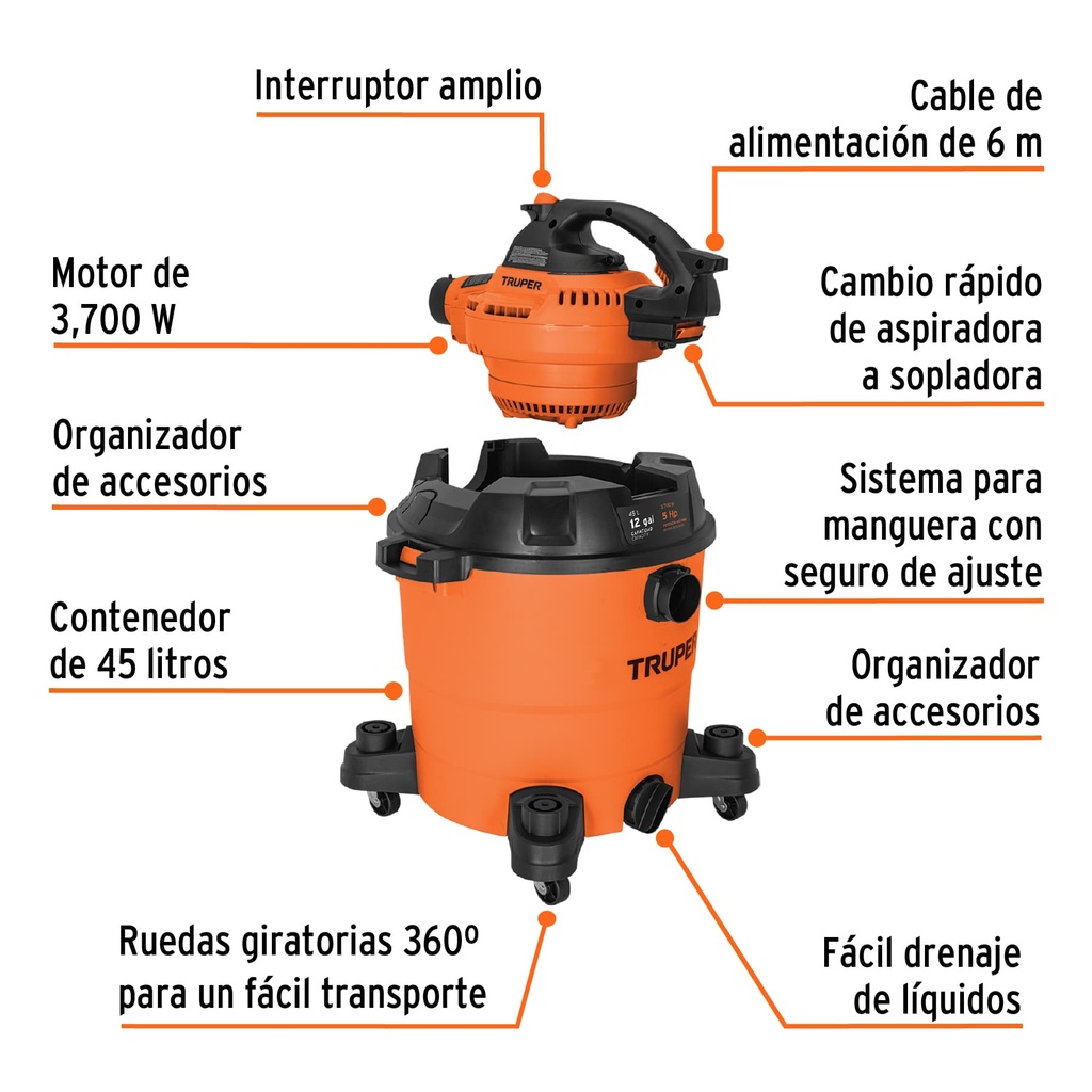 Aspiradora sólidos y líquidos, 12 gal, soplador desmontable